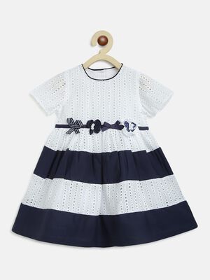 Girls White And Navy Short Sleeve Woven Dress